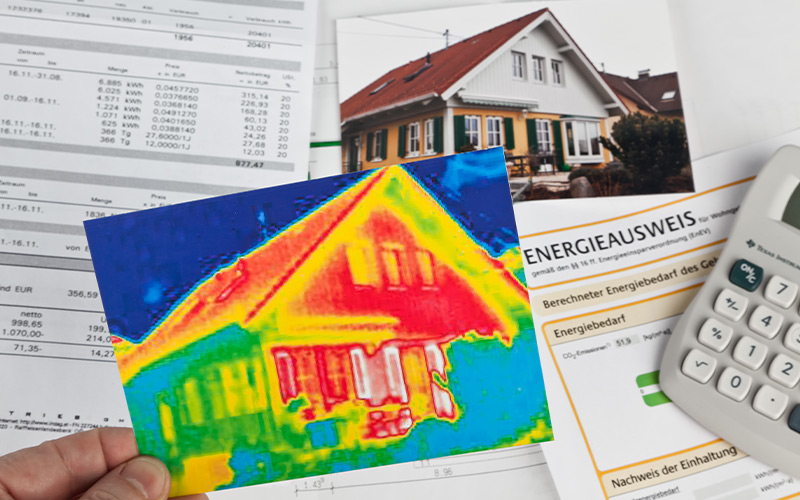 Originalbild und Thermografie eines Hauses mit Energieausweis